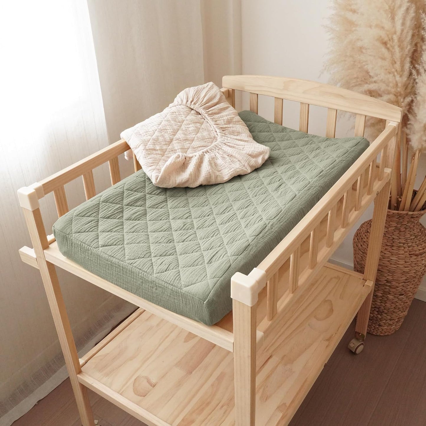 Konssy Waterproof Muslin Changing Pad Cover 2 Pack, Quilted Cotton Fitted Diaper Chang Table Cover