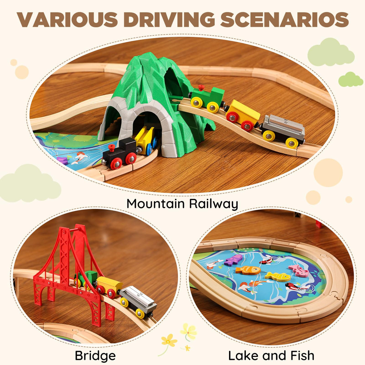 SainSmart Jr. 112-Piece Wooden Train Set for Toddler – Double-Sided Train Tracks, Compatible with