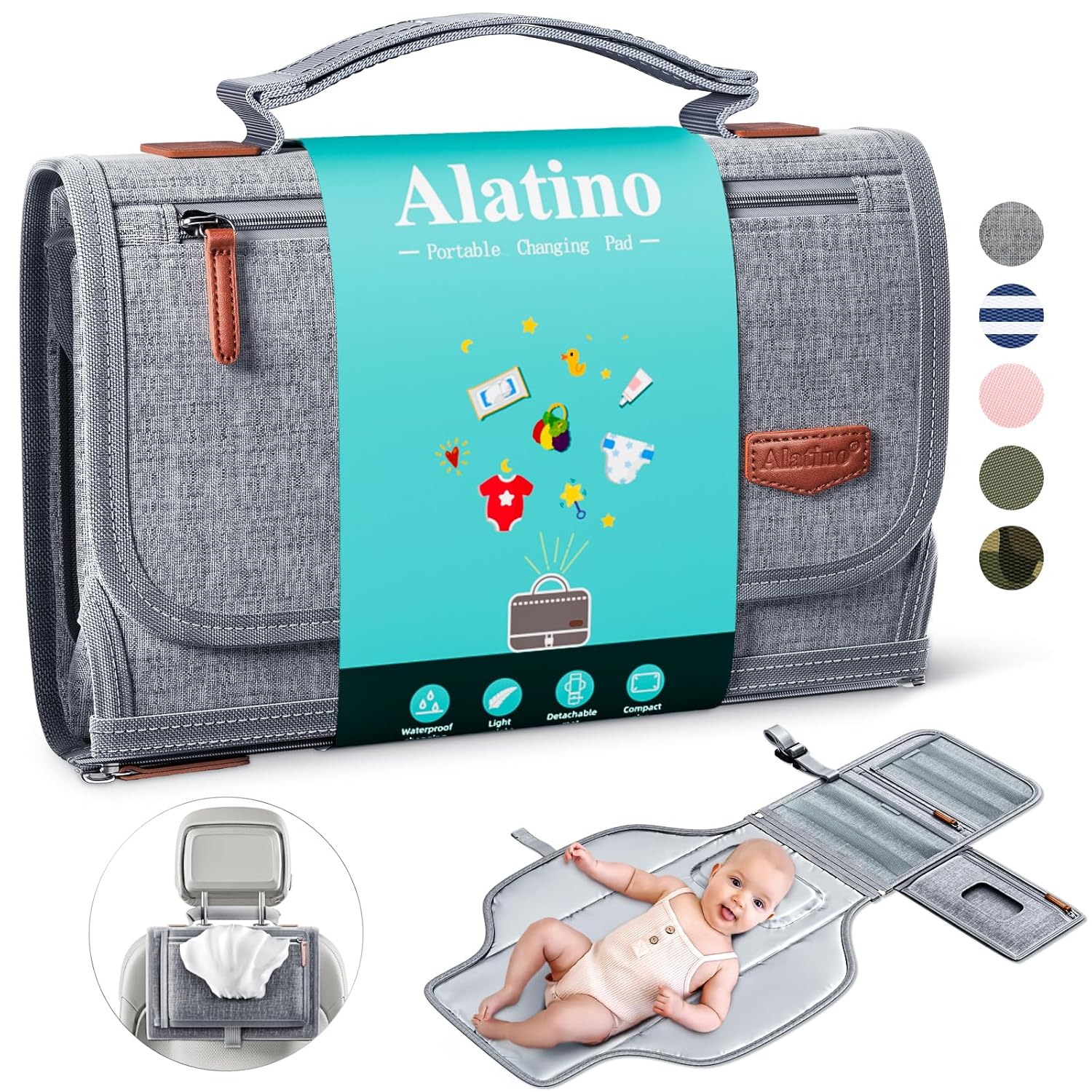 Portable Diaper Changing Pad for Baby, Detachable Travel Changing Pad with Baby Wipes Pocket, Gifts