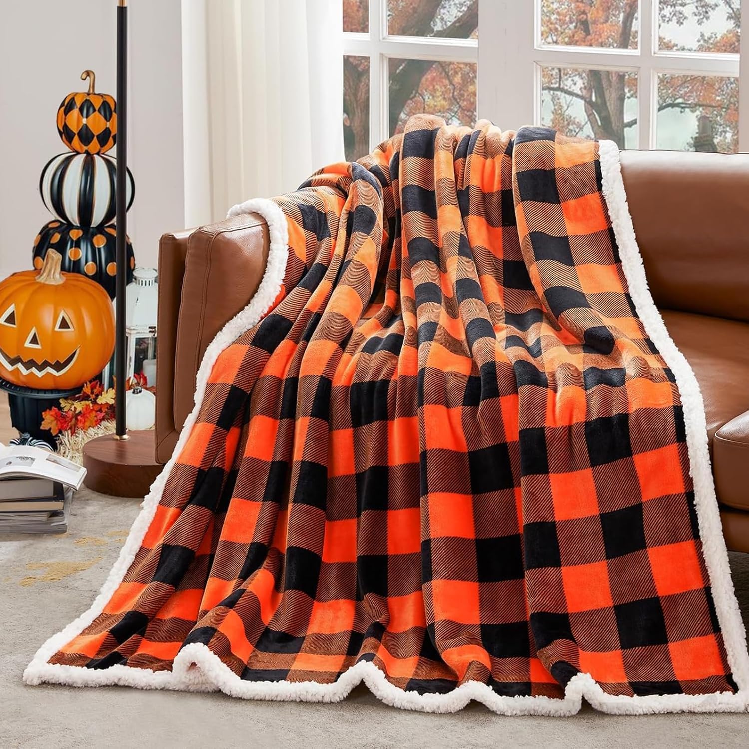 Touchat Halloween Blanket Twin Size 60" X 70"，Fall Autumn Harvest Sherpa Fuzzy Fluffy Soft Cozy