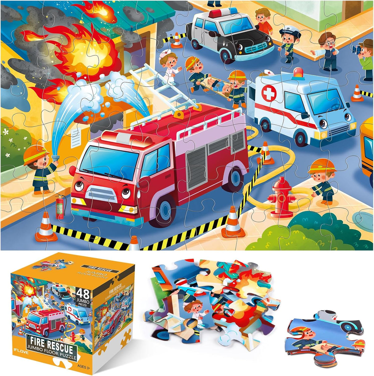 Jumbo Floor Puzzle for Kids,Fire Rescue Jigsaw Large Puzzles,48 Piece Firefighter Fireman Fire