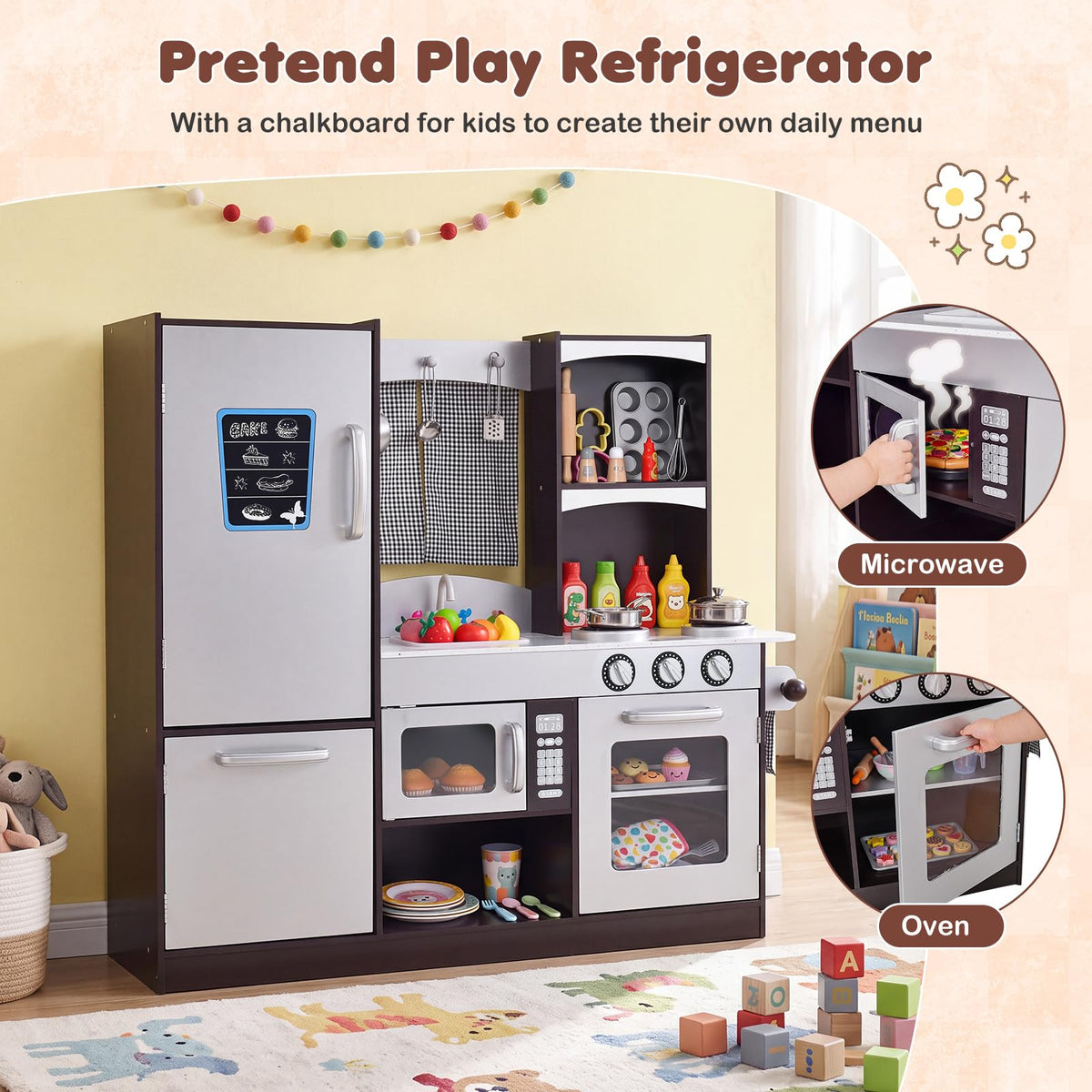 Costzon Kids Play Kitchen, Wooden Kids Kitchen Playset w/Realistic Sound, Microwave, Oven