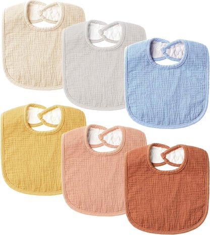 6-Pack Muslin Baby Bibs for Unisex Boys Girls, Cotton Baby Drool Bibs, Drooling and Teething Bibs