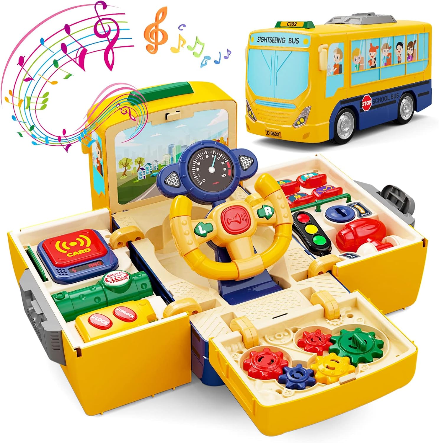 HONGTUO School Bus Toy with Sound and Light Simulation Steering Wheel Driving Toy Toddlers School