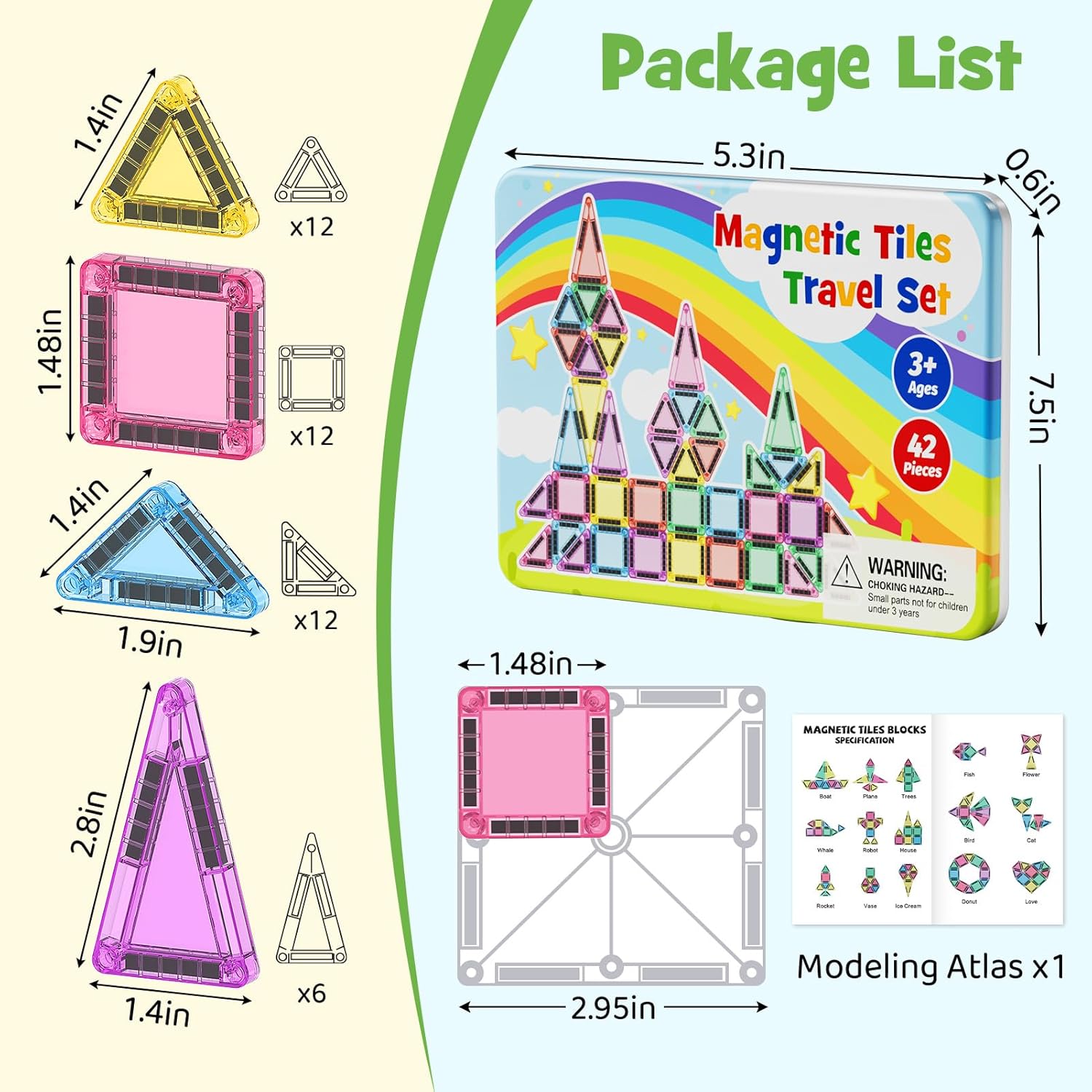 Magnetic Tiles Travel Toys for Kids 4-8, 42PCS Candy Color STEM Building Blocks with Visual Storage
