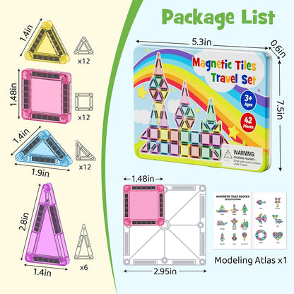 Magnetic Tiles Travel Toys for Kids 4-8, 42PCS Candy Color STEM Building Blocks with Visual Storage