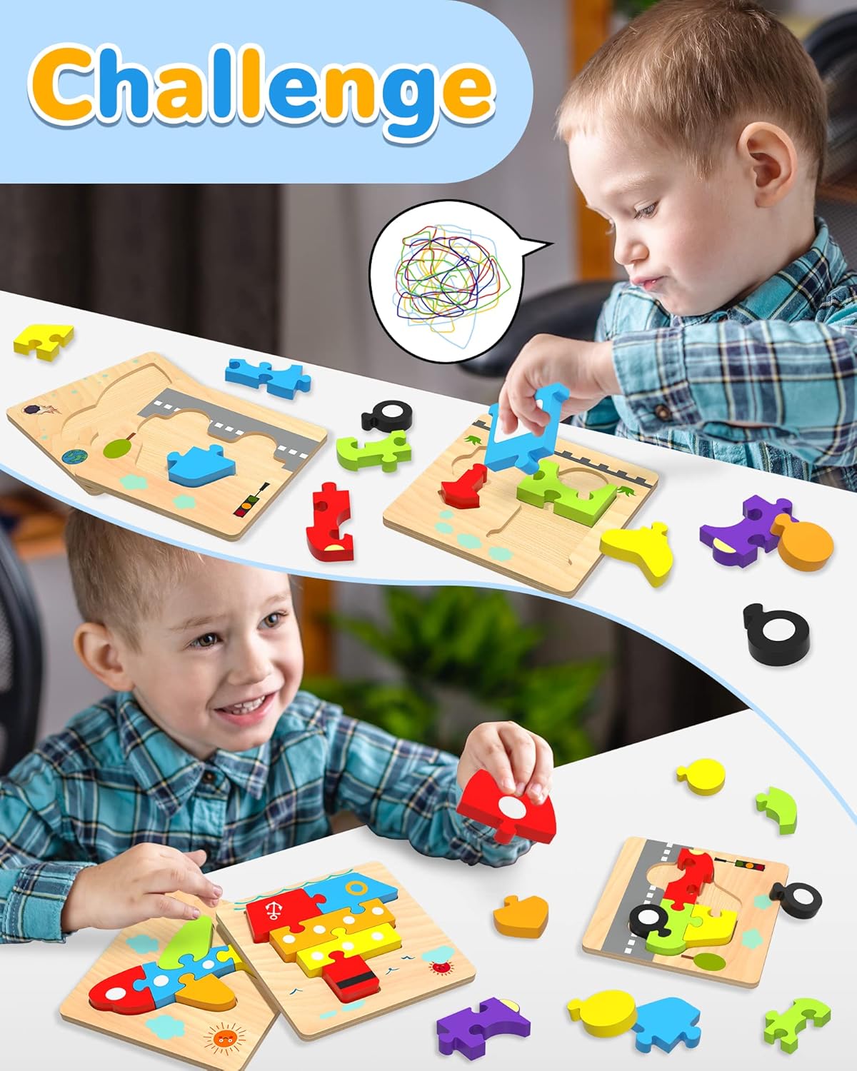 Yetonamr Wooden Toddler Puzzles Gifts Toys for 1 2 3 Years Old Boys Girls, 4 Vehicle Shape