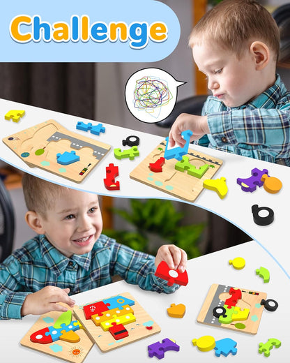 Yetonamr Wooden Toddler Puzzles Gifts Toys for 1 2 3 Years Old Boys Girls, 4 Vehicle Shape