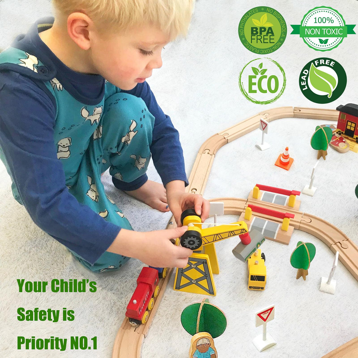 Tiny Land 55PCS Wooden Train Set, Durable Wooden Railway Tracks
