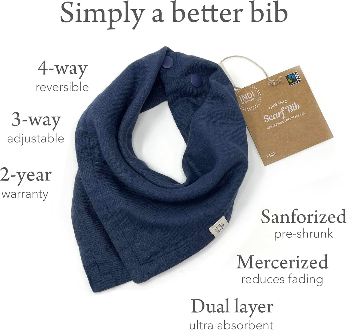 Kishu Baby Indi Organic Baby Bandana Bibs – Fairtrade 4-Way Reversible Drool Bibs for Boys & Girls