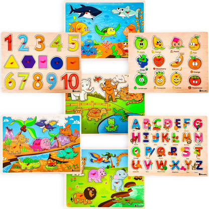 7 Pack Wooden Puzzles for Toddlers 2 3 4 5 Years Old - 7 Colorful Chunky Wood Peg Puzzles for Kids