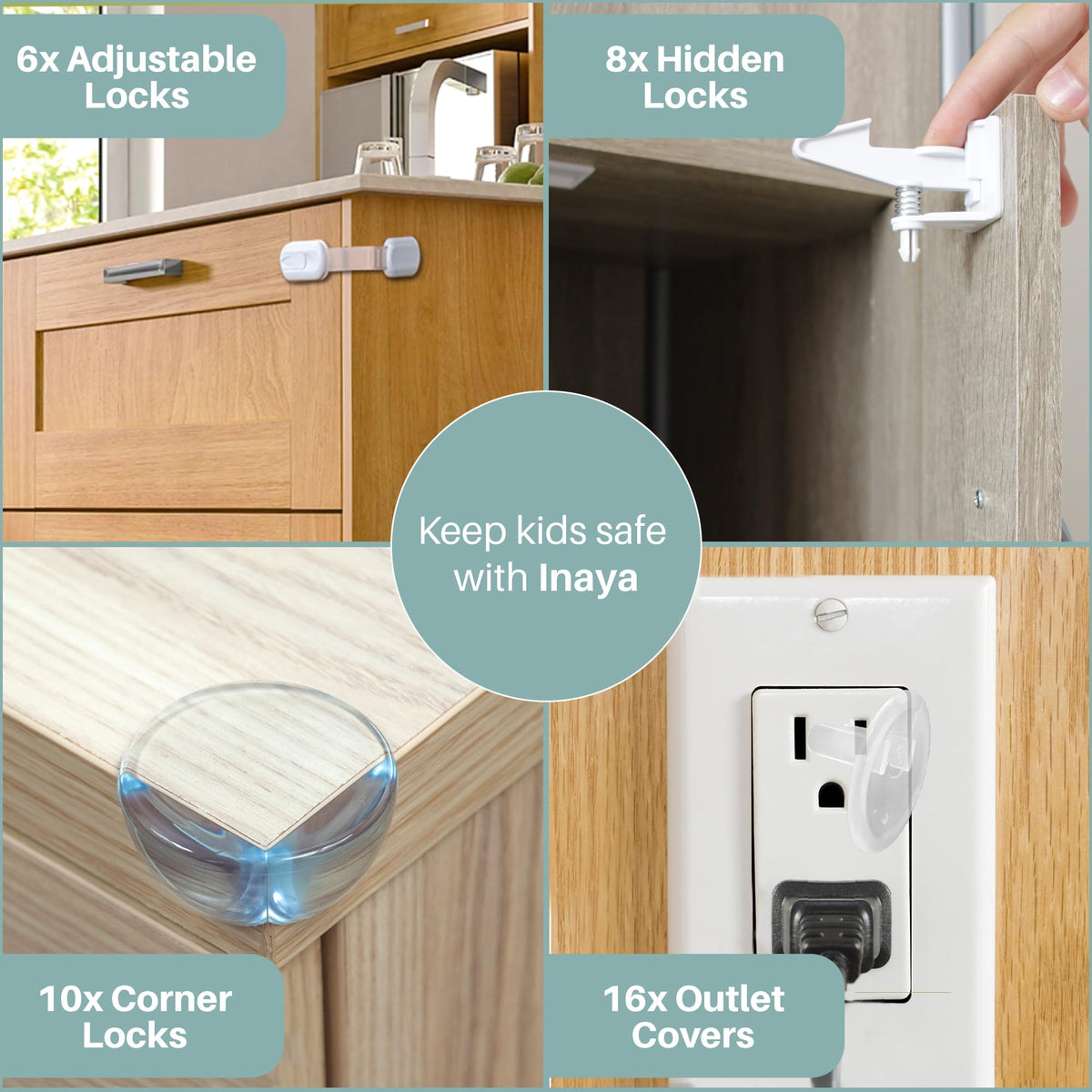 Inaya Complete Baby Proofing Kit - Child Safety Hidden Locks for Cabinets & Drawers, Adjustable