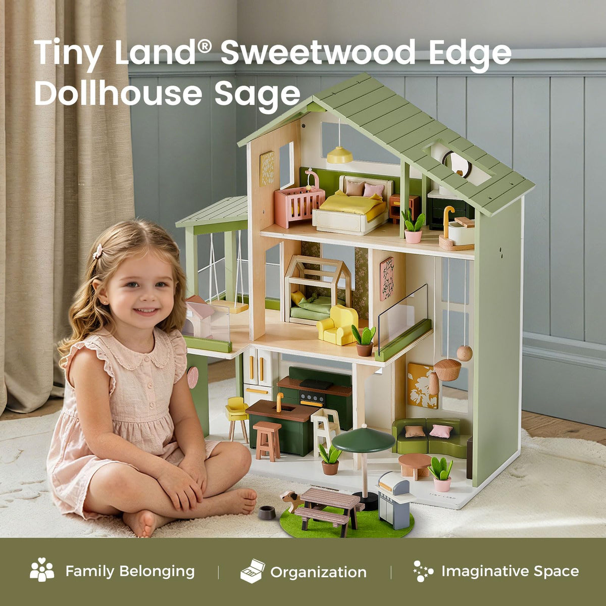 Tiny Land Wooden Doll House, Modern Family Dollhouse with Realistic Design
