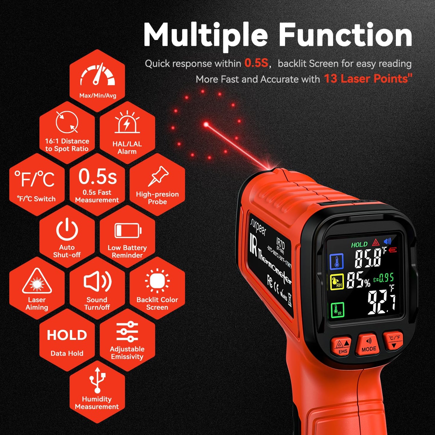 Infrared Thermometer Temperature Gun -58°F to 1796°, 16:1 Non Contact Laser Thermometer Gun with