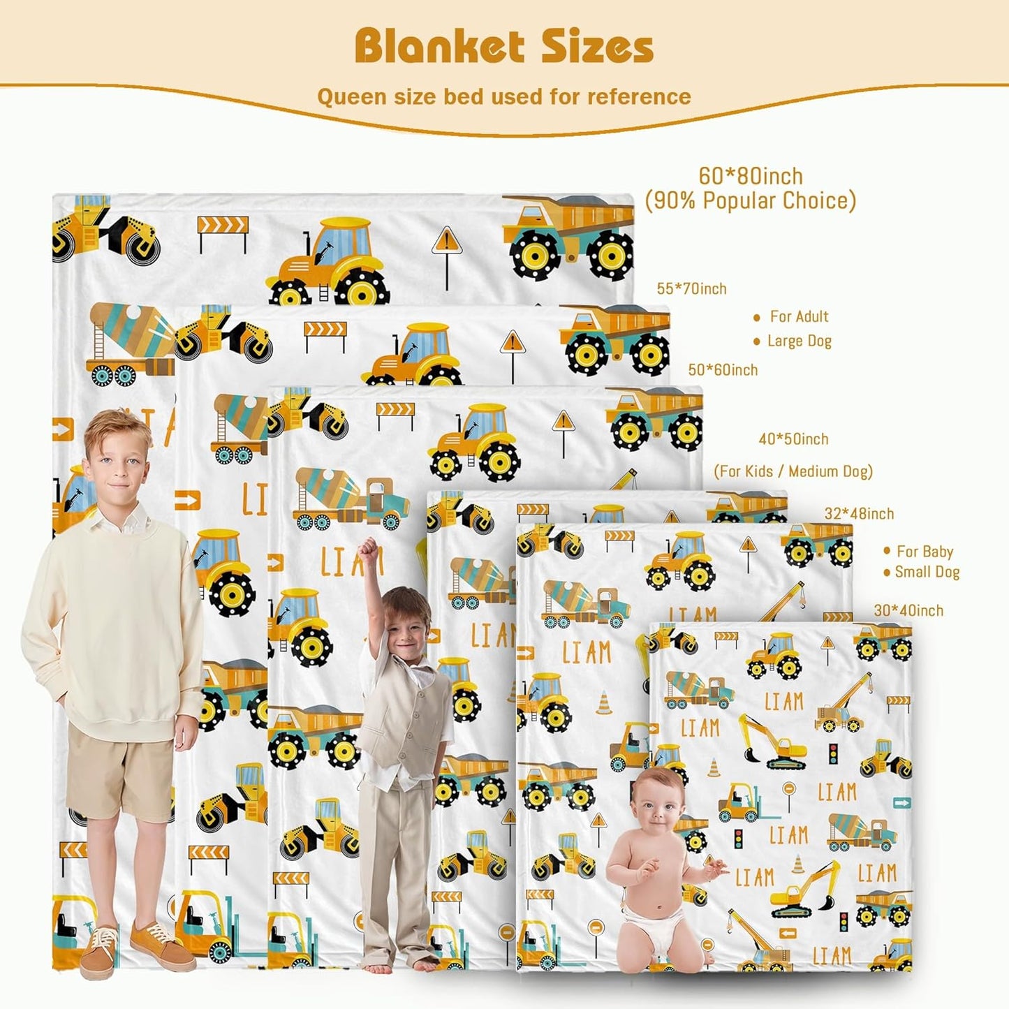 Personalized Truck Excavator Blanket with Name Cutsom Blanket for Baby Boy Car Lover Toddler Kids