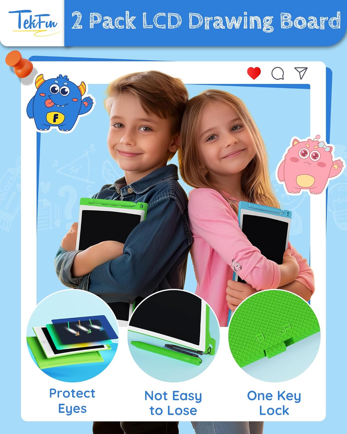 TEKFUN Toys for Kids, 10in 2 Pcs LCD Kids Writing Tablet Erasable Doodle Board Reusable Drawing Pad