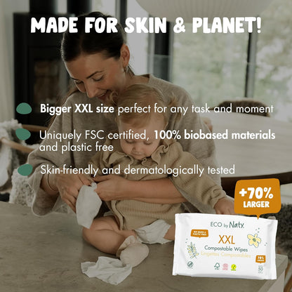 Naty Compostable XXL Baby Wipes - Unscented, 100% Plant-Based, Plastic-Free, Fragrance-Free