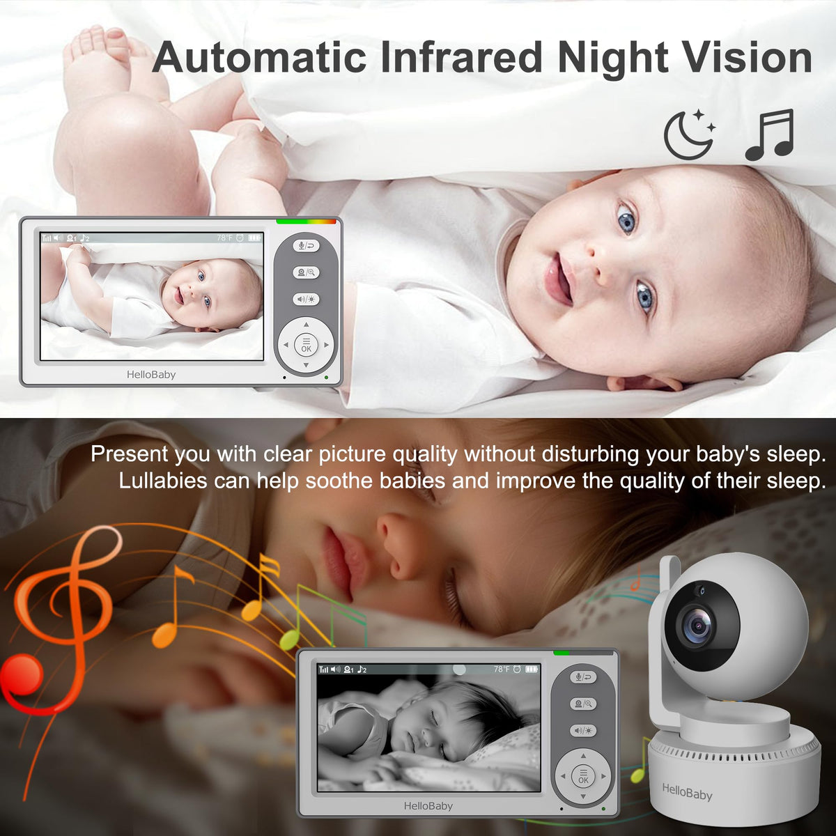 HelloBaby 4.3'' Video Baby Monitor with 30 Hours Battery, Remote Pan-Tilt-Zoom Baby Monitor No