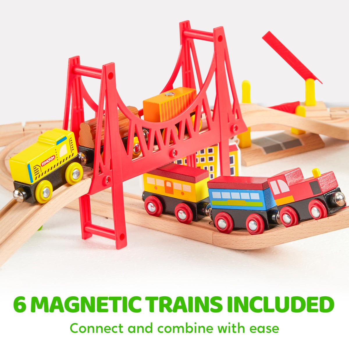 110PCS Wooden Train Set - Toy Magnetic Trains with Wooden Track Set for Kids Ages 3-8, City Scene