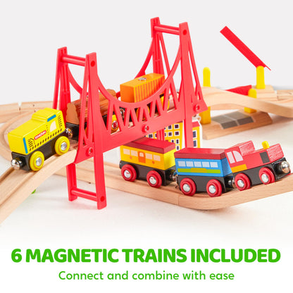 110PCS Wooden Train Set - Toy Magnetic Trains with Wooden Track Set for Kids Ages 3-8, City Scene