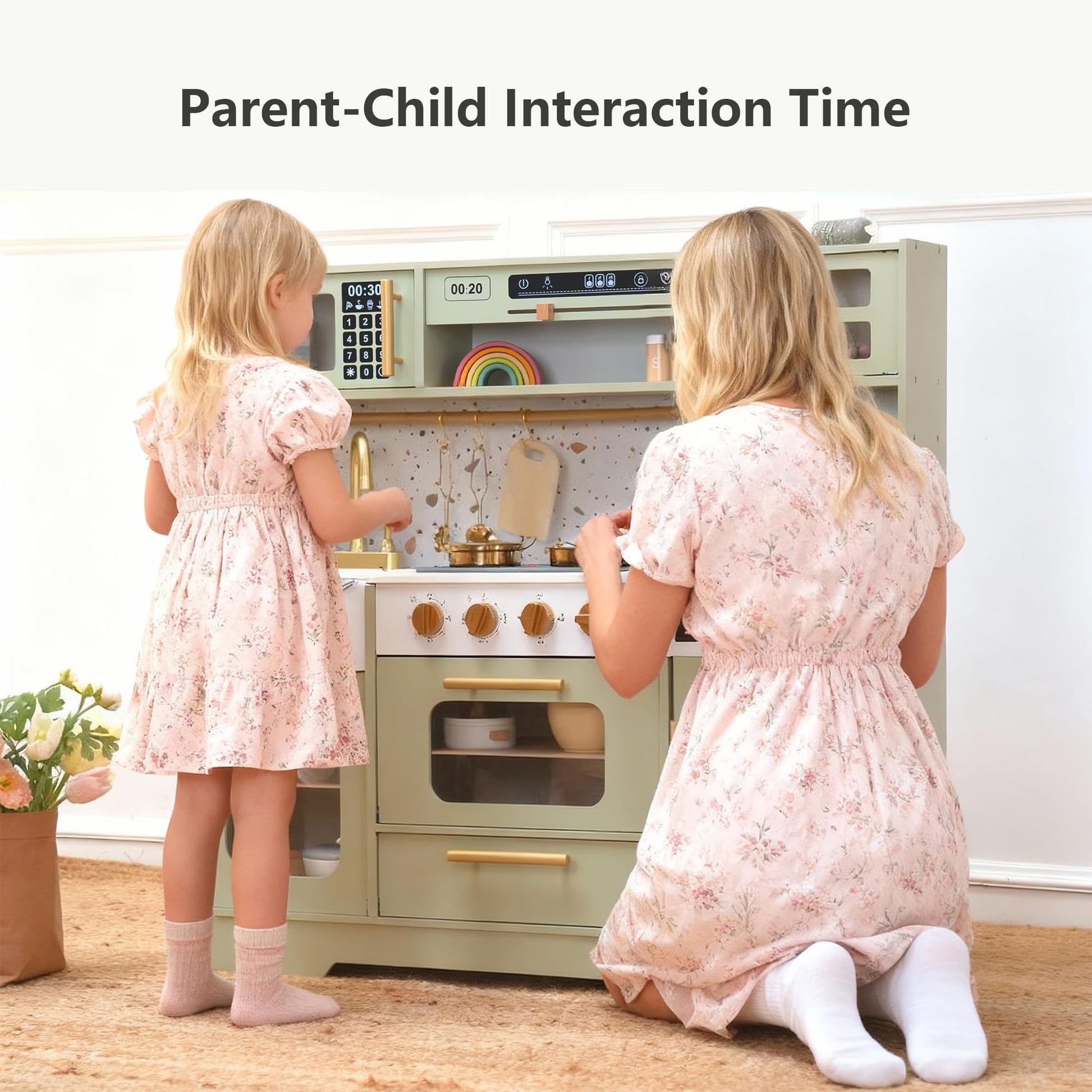 Wooden Play Kitchen with 15 Fun Accessories and Realistic Appliances Green