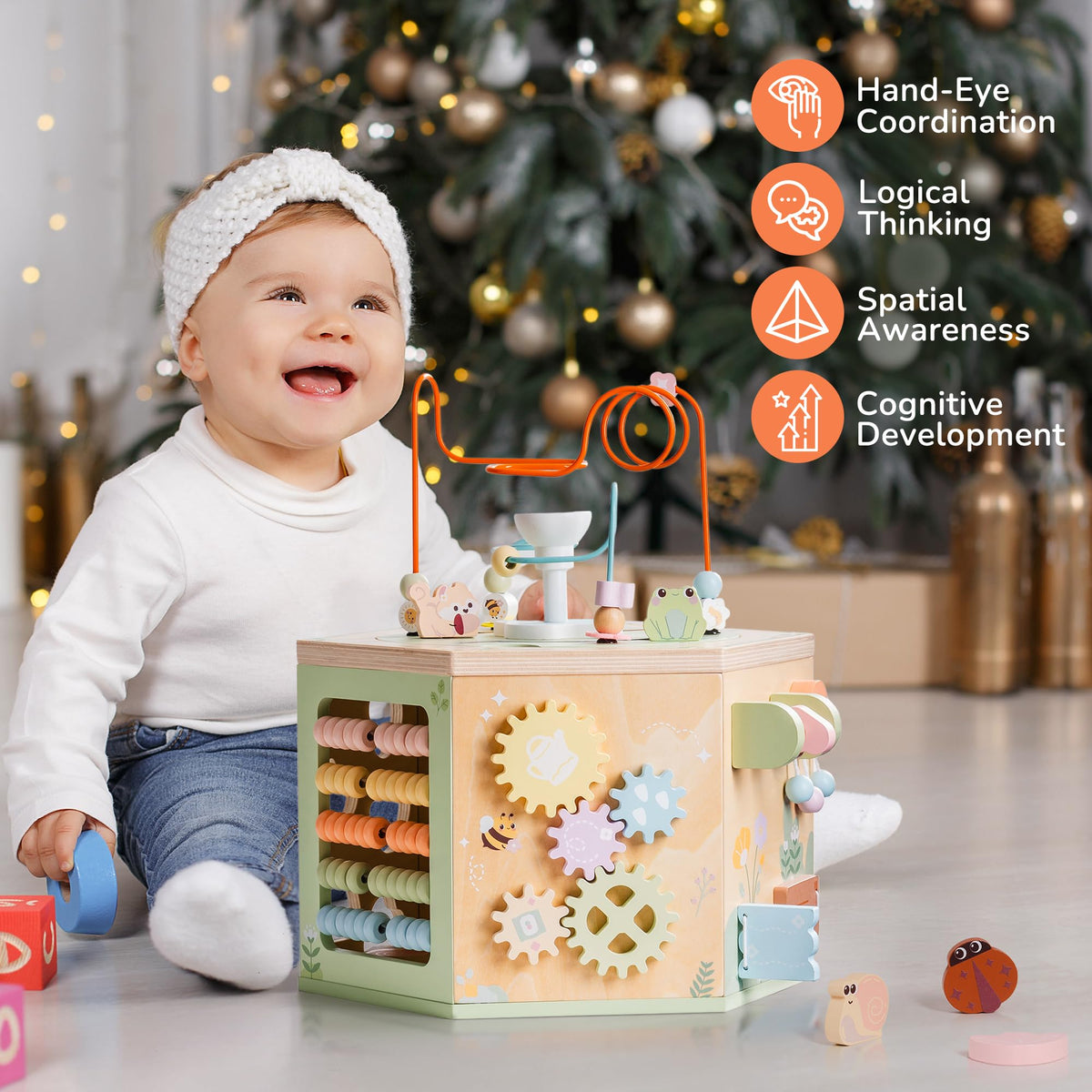 ROBOTIME Wooden Activity Cube for Toddlers, 13 in 1 Montessori Baby Activity Cube, Baby Play Cube