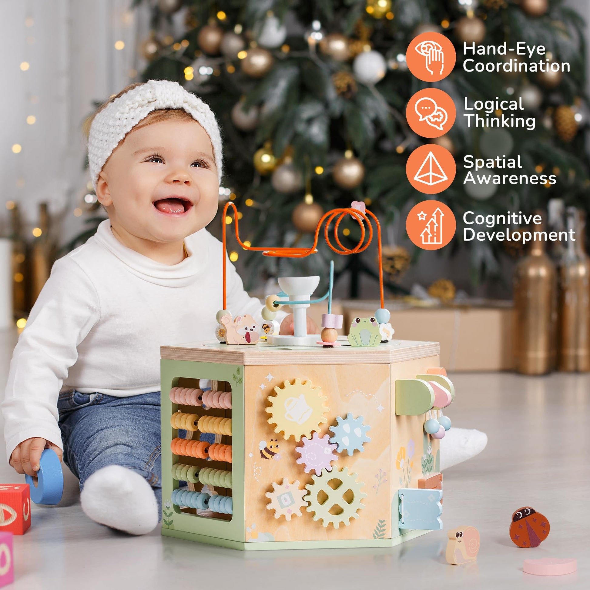 ROBOTIME Wooden Activity Cube for Toddlers, 13 in 1 Montessori Baby Activity Cube, Baby Play Cube