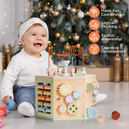 ROBOTIME Wooden Activity Cube for Toddlers, 13 in 1 Montessori Baby Activity Cube, Baby Play Cube