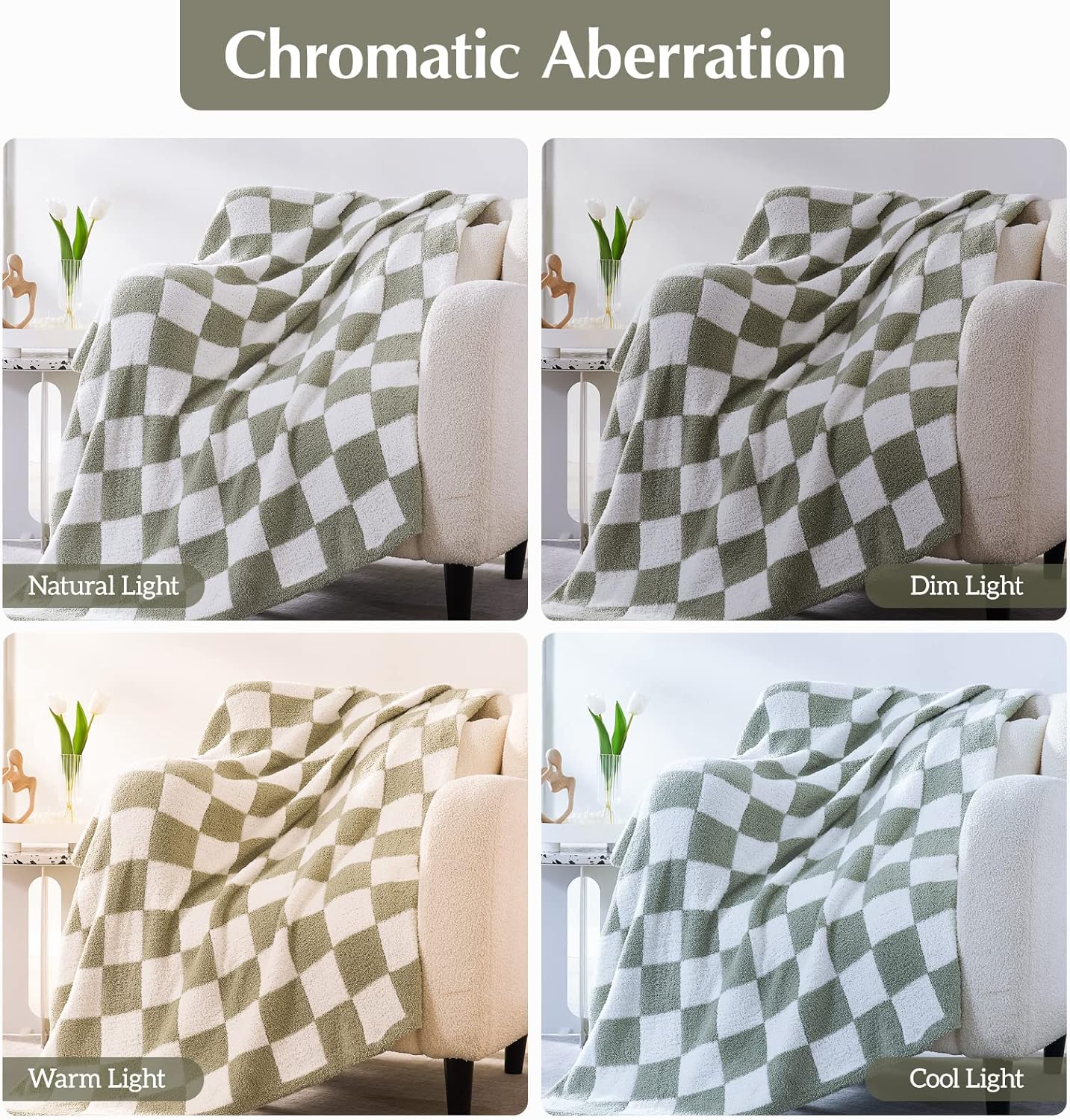 WRENSONGE Checkered Throw Blanket, Sage Green Soft Cozy Fluffy Warm Hand Made Throw Blankets for