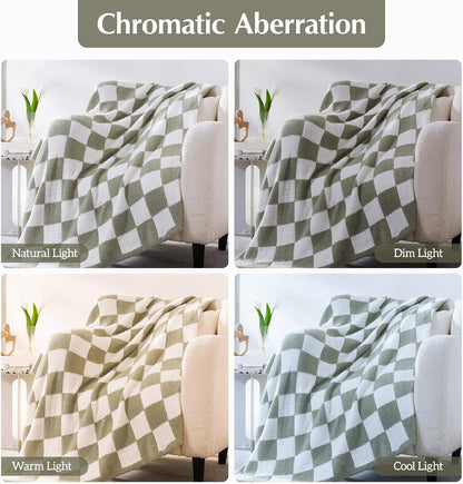 WRENSONGE Checkered Throw Blanket, Sage Green Soft Cozy Fluffy Warm Hand Made Throw Blankets for