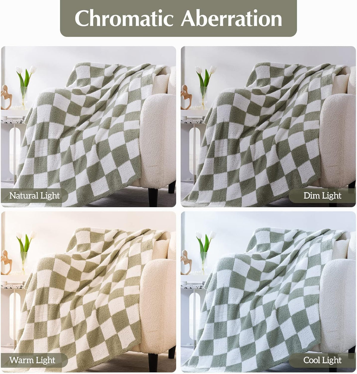 WRENSONGE Checkered Throw Blanket, Sage Green Soft Cozy Fluffy Hand Made Throw Blankets for Couch