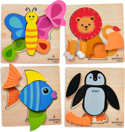MAGIFIRE Toddler Puzzles Wooden Set of 4-4-Pack Multicolor Wood Animal Shapes with Storage Bag &
