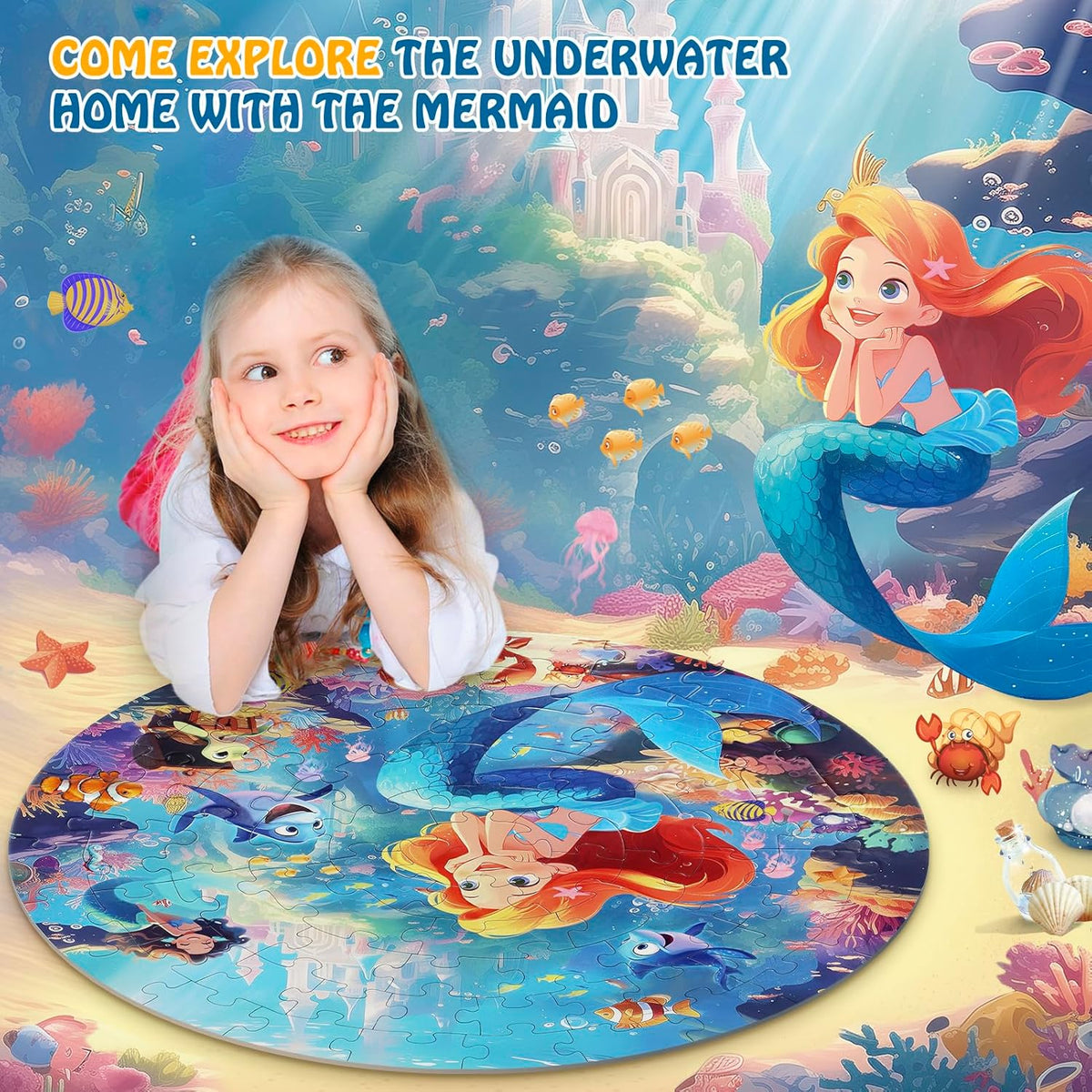 Floor Puzzles for Kids Ages 3-5, 70 Pieces Mermaid Jigsaw Puzzle for Toddler Girls Ages 3 4 5 6 7 8