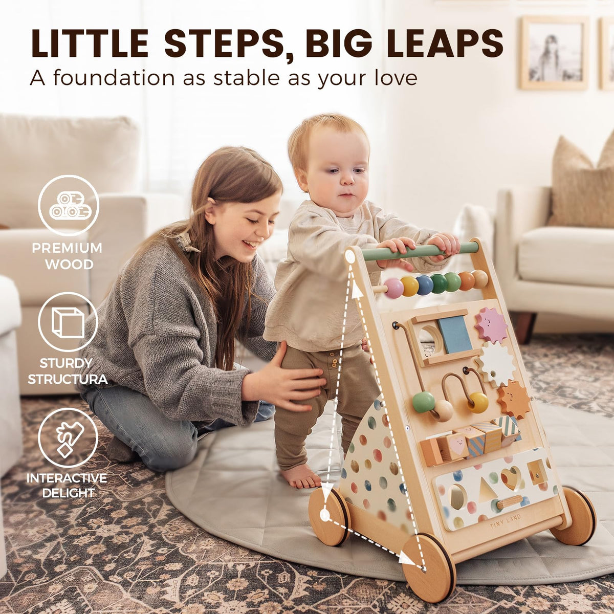 Tiny Land Wooden Baby Walker with Activity Center, Montessori Push Walker