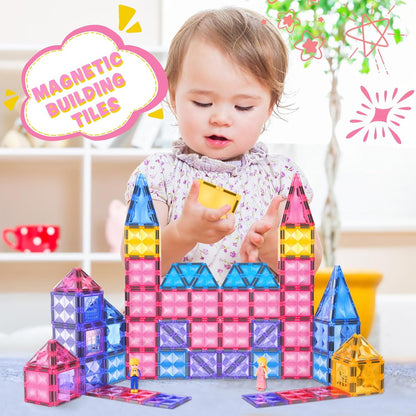 Pink Castle Magnetic Tiles for Kids Ages 3-8, 3D STEM Toys with Sparkling Building Blocks, Creative