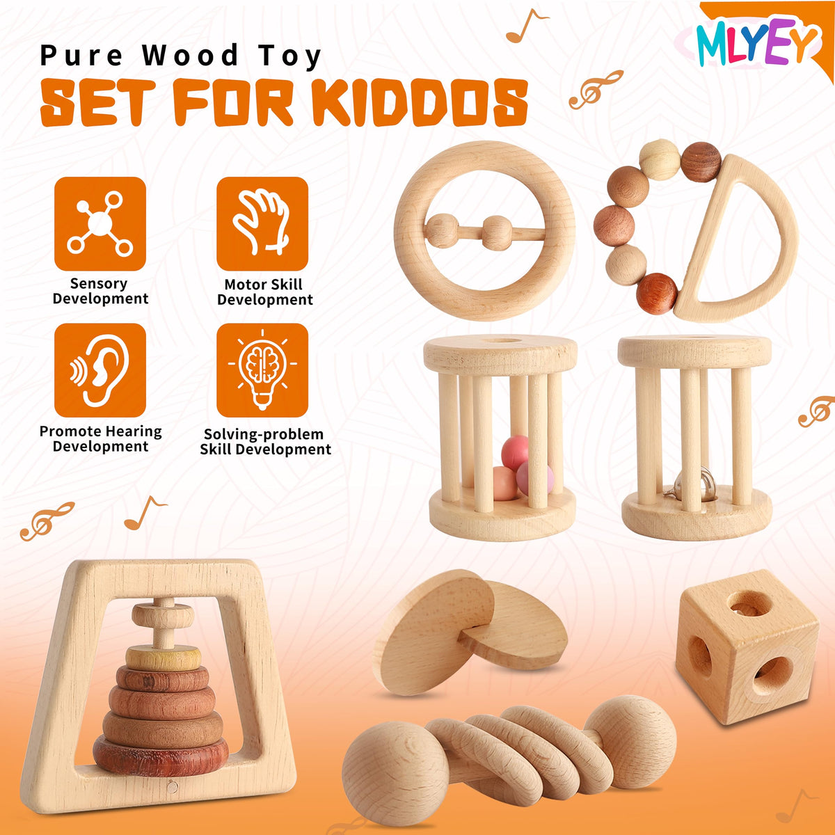 Wooden Baby Toy 8pcs, Montessori Toys for Babies 1-3 Years Old, Wooden Rattles Toy Set for Infant