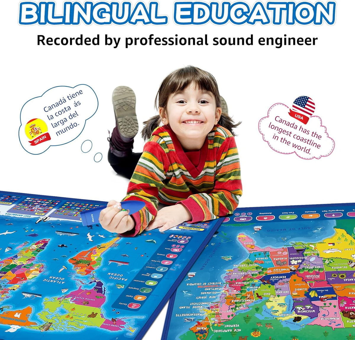 Bilingual Interactive for Kids Talking USA Map World Map for Kids Learning, Geography Toys Games