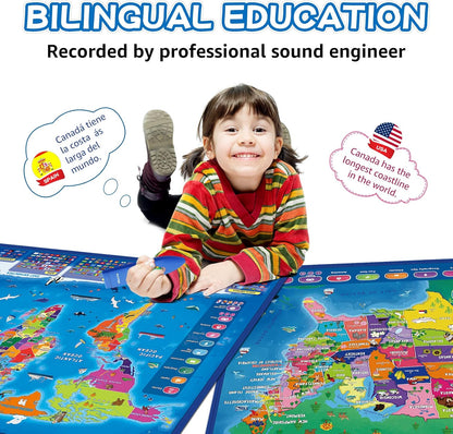 Bilingual Interactive for Kids Talking USA Map World Map for Kids Learning, Geography Toys Games