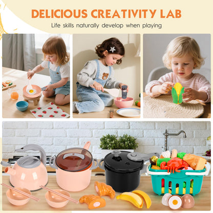 130Pcs Kitchen Playset, Toddler Pretend Cooking Play Pots, Pans, Utensils Cookware, Daily Food