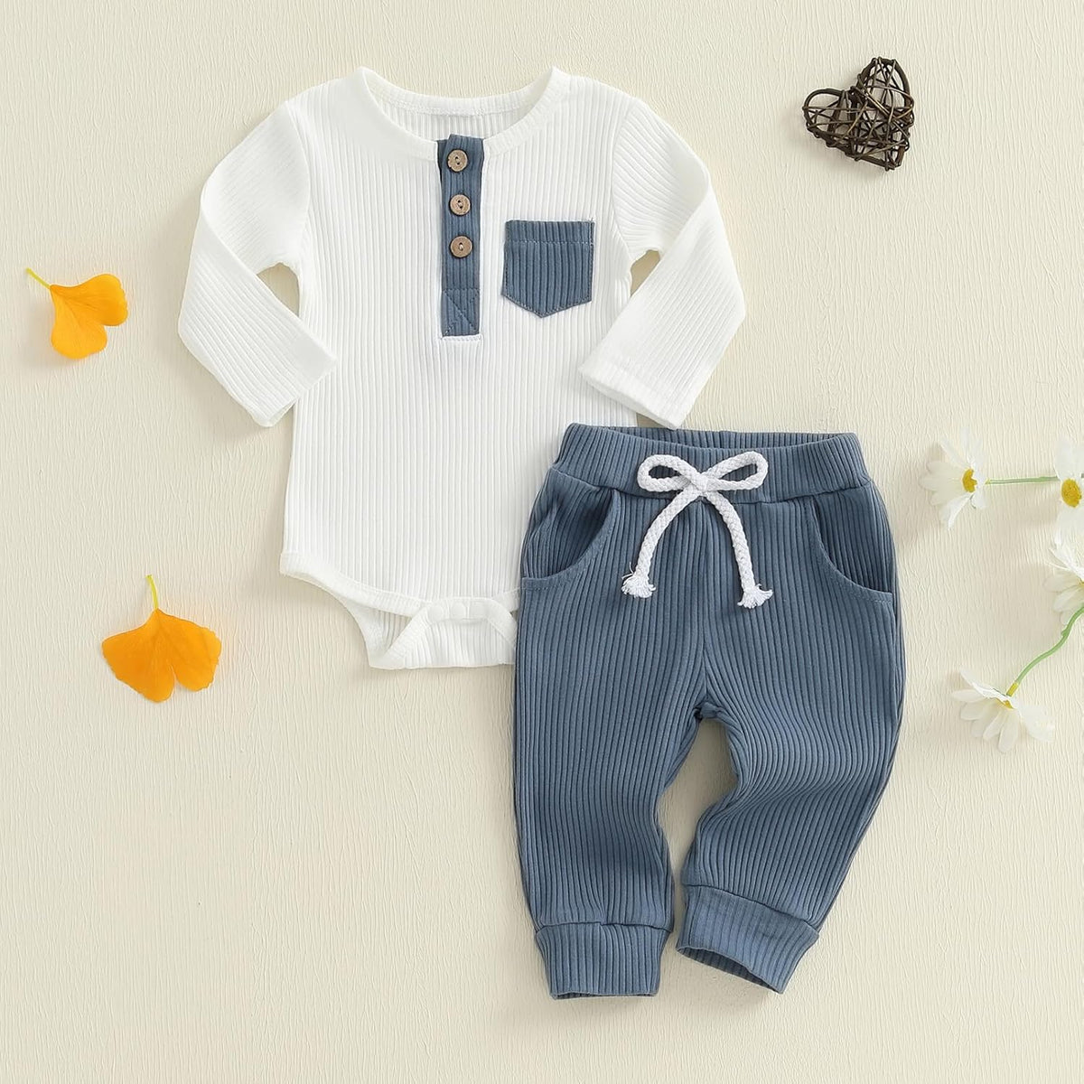 fhutpw Baby Boy Clothes 3 6 12 18 Months Ribbed Knitted Long Sleeve Romper and Pants Sets Newborn