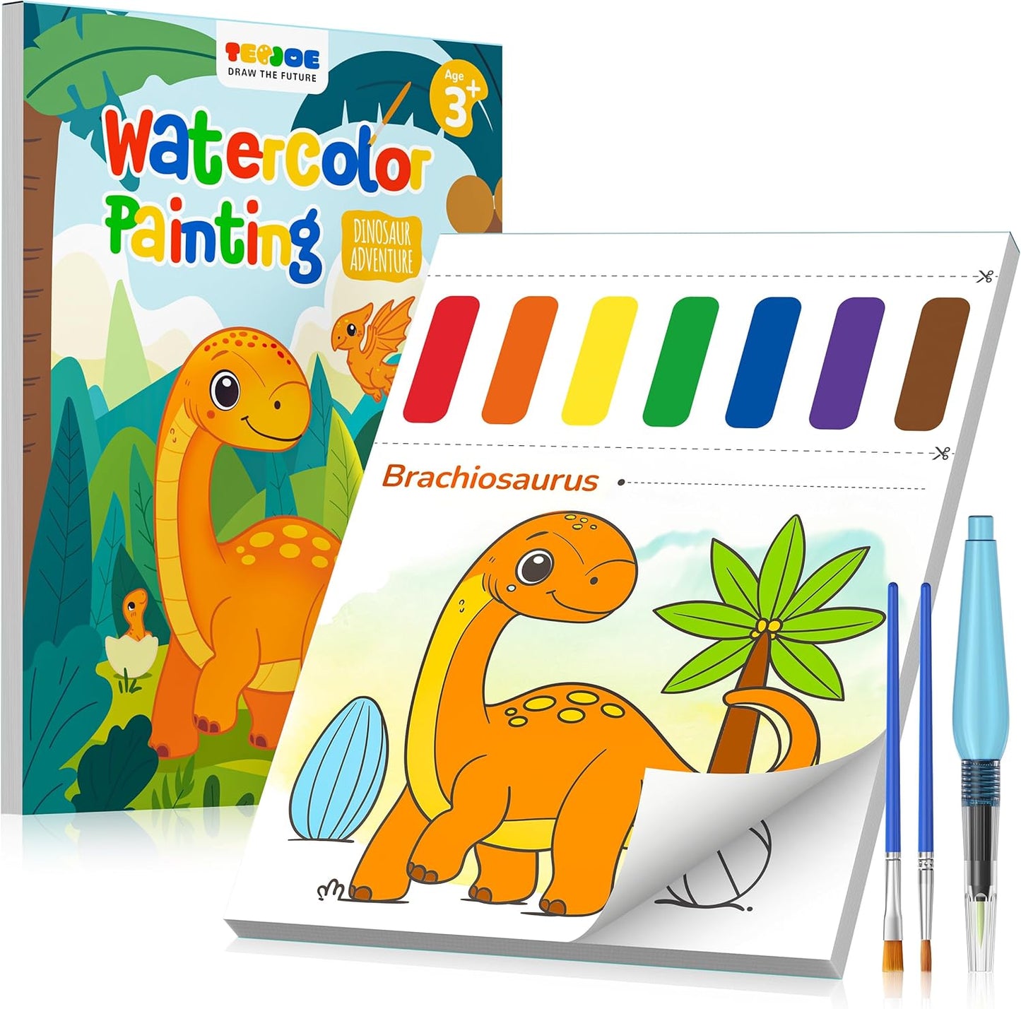 TECJOE Paint with Water Coloring Books for Toddlers, Dinosaur Series Watercolor Set with 3 Brushes