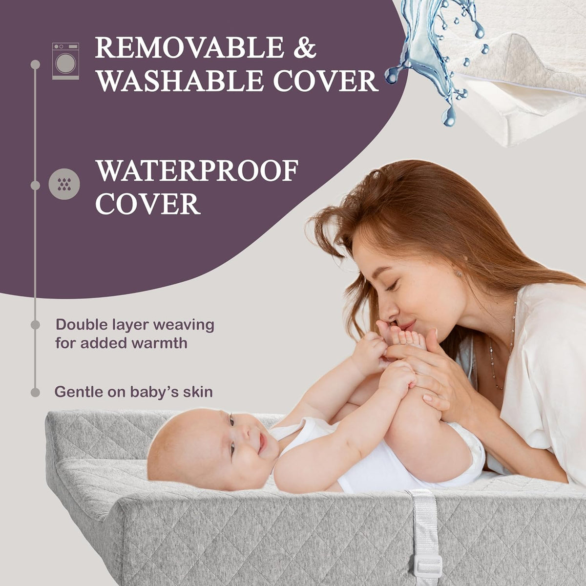 Organic Cotton Contoured Baby Changing Pad w/Waterproof Foam Mattress, Includes Soft, Removable &