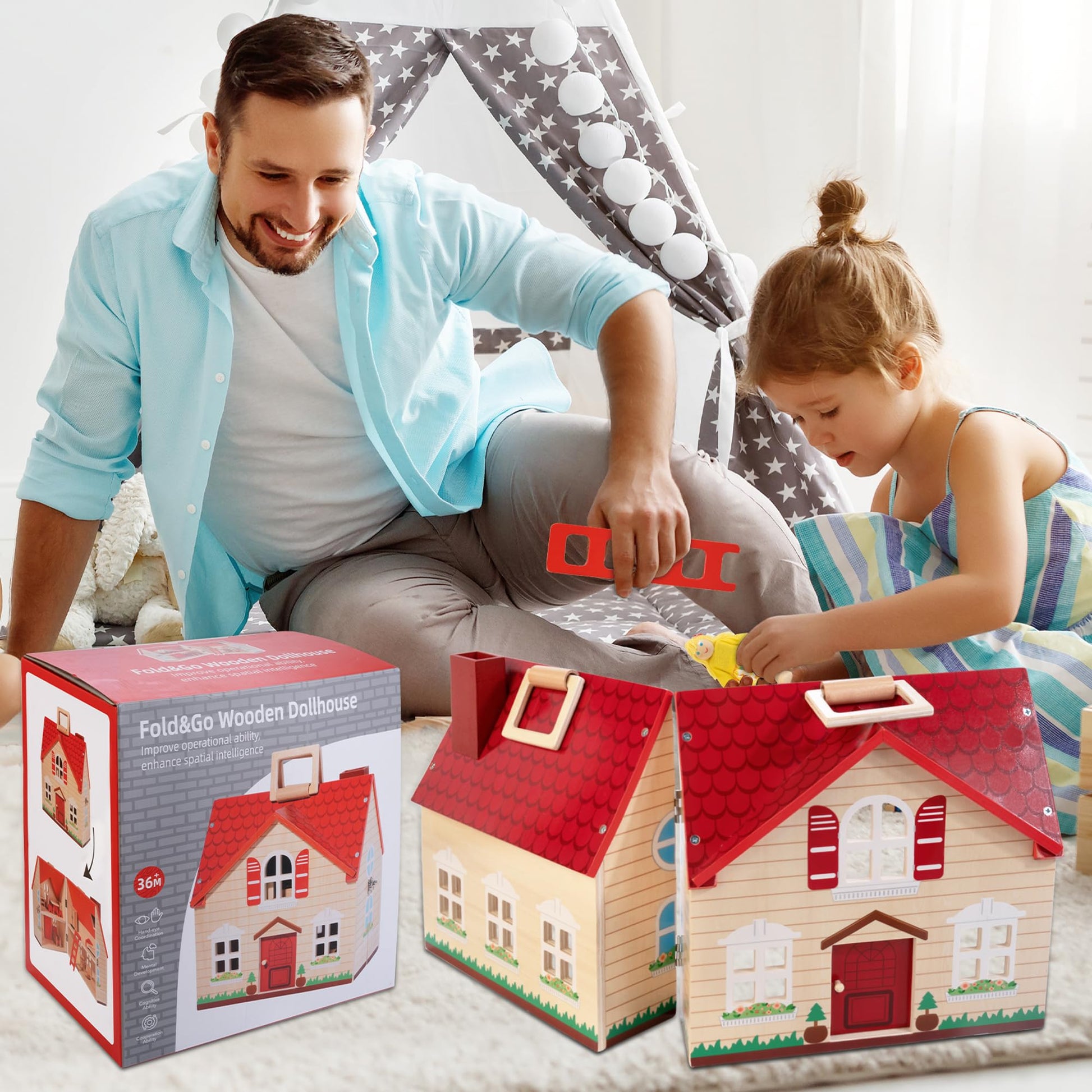 WOODMAM Foldable Wooden Dollhouse with Furniture for Pretend Play