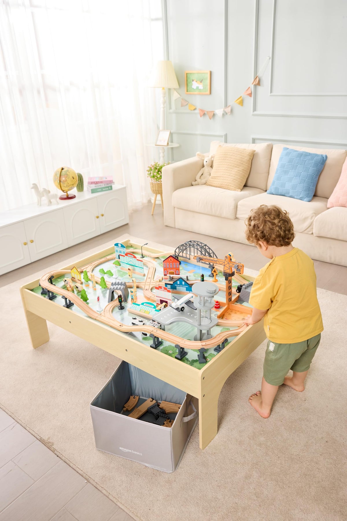 Amazon Basics 120 Piece Wooden Train Set with Activity Table, Sturdy Tracks, Storage Bin, Easy to