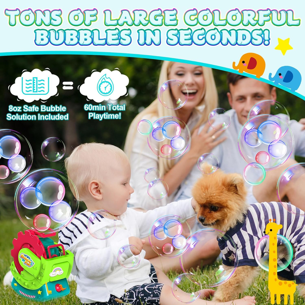 Bubble Machine for Toddlers Kids & Pets, with 8oz Safe Solution, Extra Large & Bubbles in Bubble