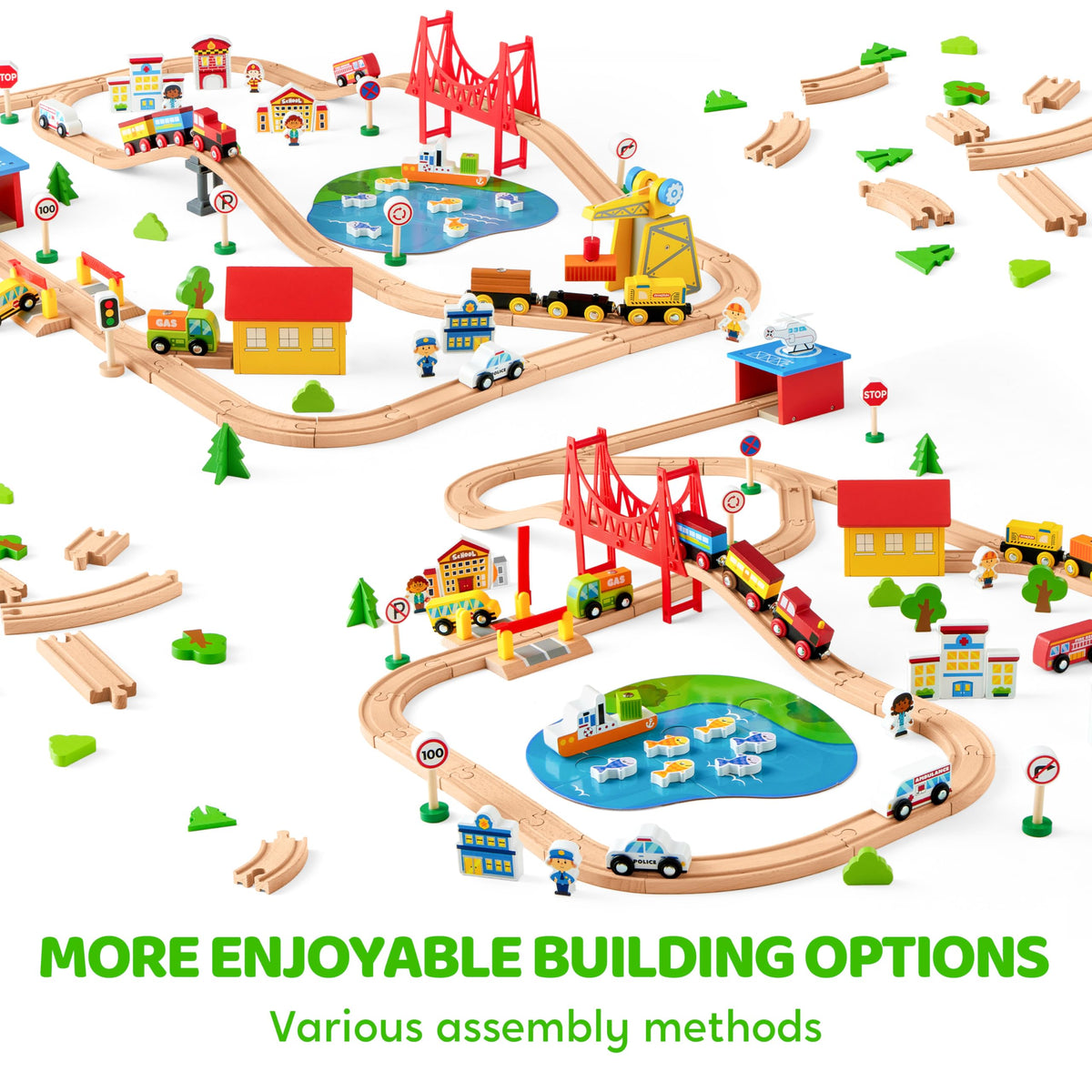 110PCS Wooden Train Set - Toy Magnetic Trains with Wooden Track Set for Kids Ages 3-8, City Scene