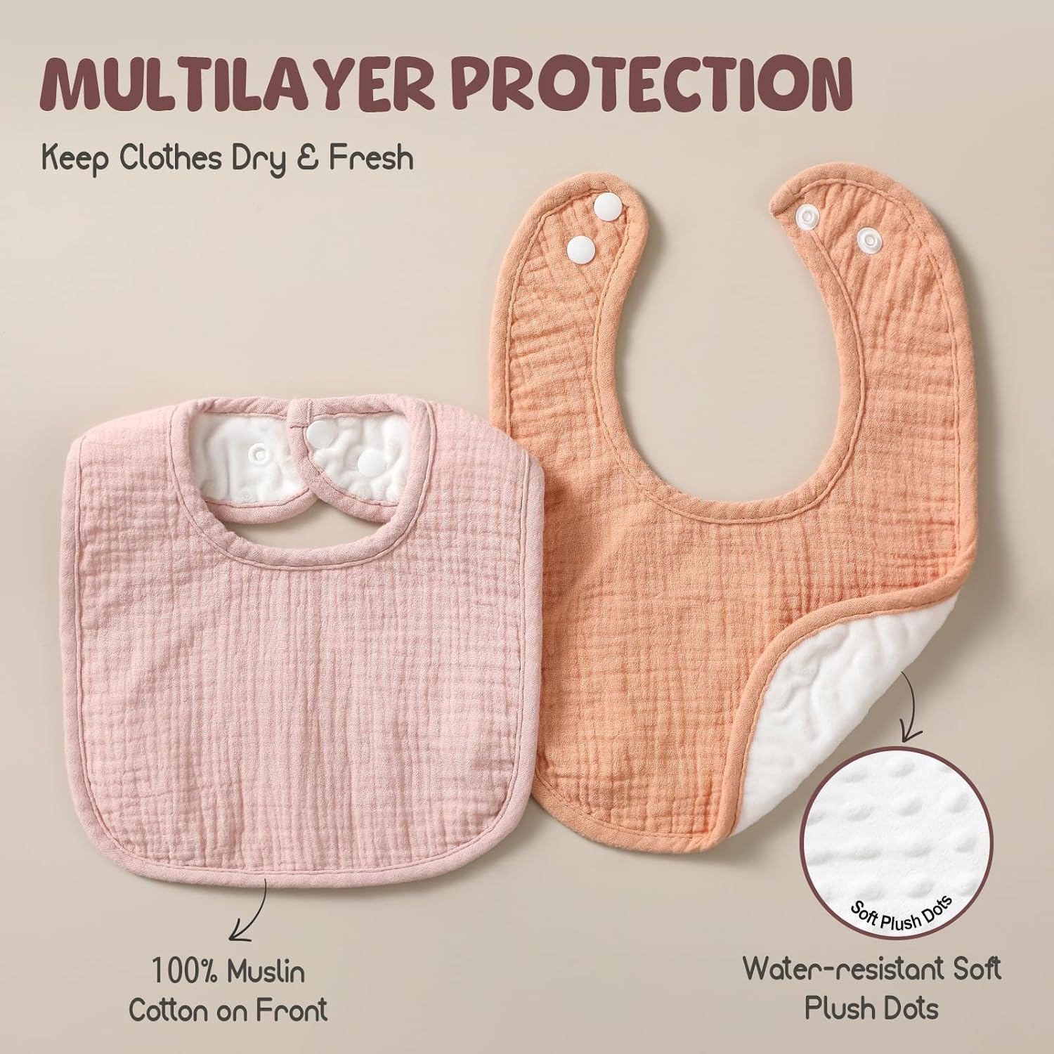 6-Pack Muslin Baby Bibs for Unisex Boys Girls, Cotton Baby Drool Bibs, Drooling and Teething Bibs