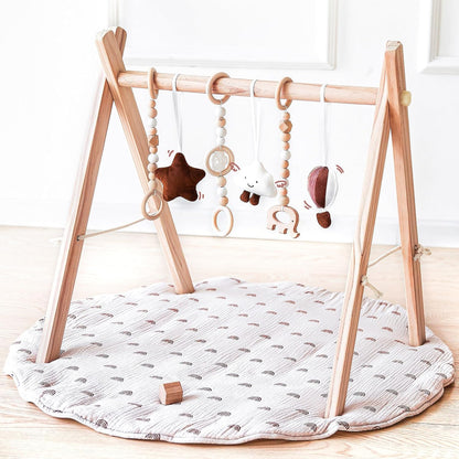 Wooden Baby Play Gym with Mat, Foldable Baby Play Gym Frame Activity Gym Hanging Bar with 6 Gym