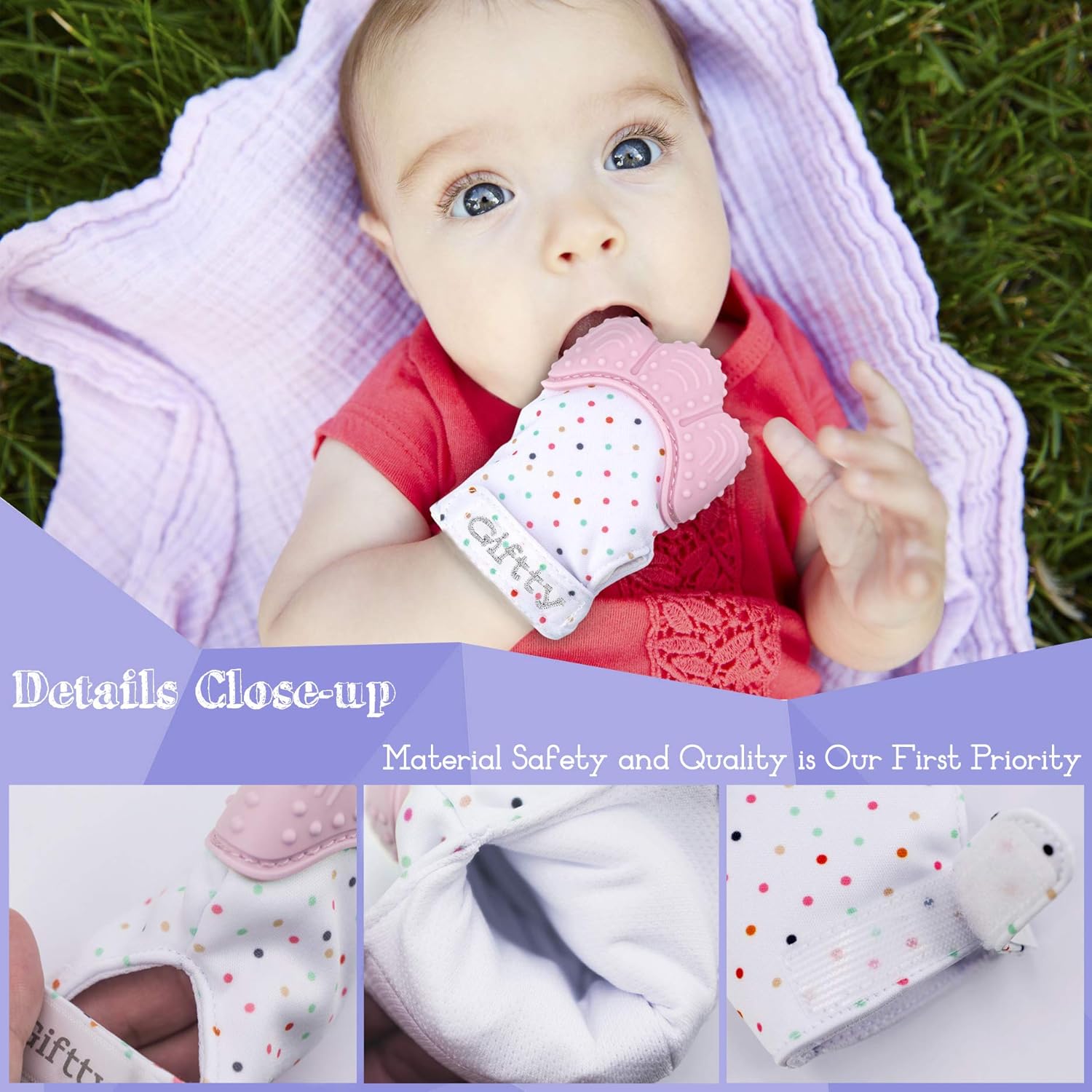 Giftty Baby Teething Mitten, Self-Soothing Teether Glove, Pain Relief Silicone Mitt, Double