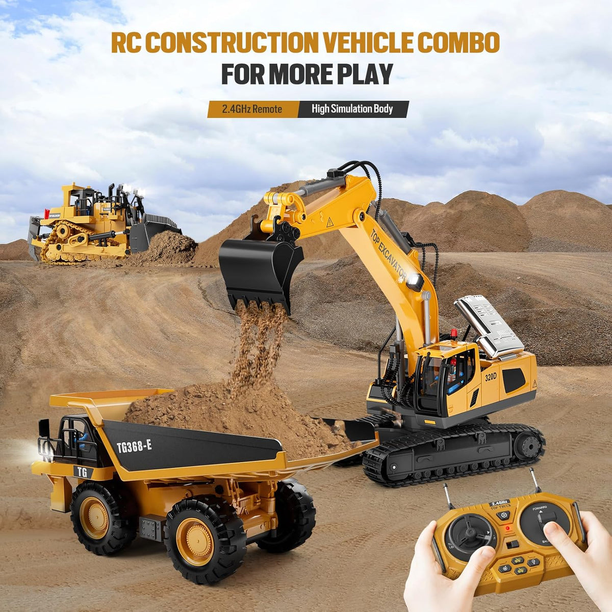 Remote Control Excavator Construction Toys for Boys, 2×1200mAh RC Construction Truck with Metal